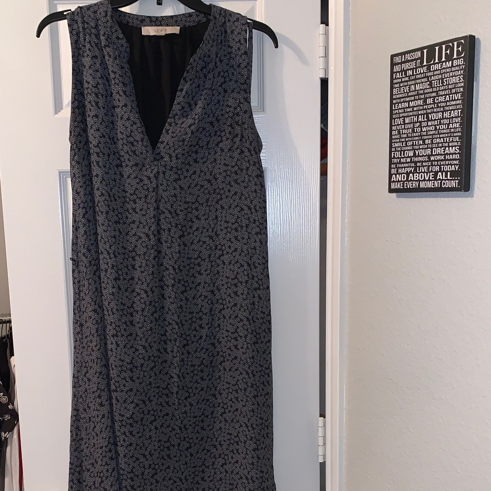 LOFT Black and Gray Patterned Midi Dress